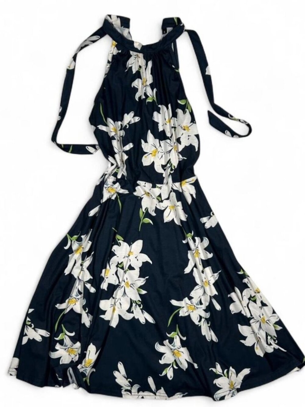 Navy Floral Halter Dress S Boho Vacation Coastal